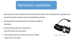Sensores Isolados
• São responsáveis pela medição do fluxo de descida de adubo. Ele é colocado junto à mangueira de
descida do adubo e registra o fluxo de deposição do produto.
• Desempenham importante papel na eventual variação da
deposição,
• Informam sobre possíveis entupimento
ou esvaziamento do reservatório.
• São os dispositivos de monitoramento mais simples
disponíveis no mercado.
Fonte:<http://www.lohr.com.br/>
 