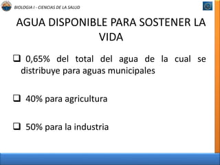 BIOLOGIA I - CIENCIAS DE LA SALUD 
AGUA DISPONIBLE PARA SOSTENER LA 
VIDA 
 0,65% del total del agua de la cual se 
distribuye para aguas municipales 
 40% para agricultura 
 50% para la industria 
 
