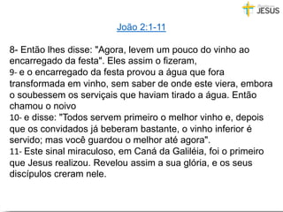 29/05/2017 Encontro Anual de Vendas - Novembro/2012 5
João 2:1-11
8- Então lhes disse: "Agora, levem um pouco do vinho ao
encarregado da festa". Eles assim o fizeram,
9- e o encarregado da festa provou a água que fora
transformada em vinho, sem saber de onde este viera, embora
o soubessem os serviçais que haviam tirado a água. Então
chamou o noivo
10- e disse: "Todos servem primeiro o melhor vinho e, depois
que os convidados já beberam bastante, o vinho inferior é
servido; mas você guardou o melhor até agora".
11- Este sinal miraculoso, em Caná da Galiléia, foi o primeiro
que Jesus realizou. Revelou assim a sua glória, e os seus
discípulos creram nele.
 