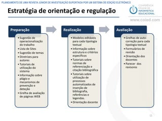 PLANEAMENTO DE UMA REVISTA JÚNIOR DE INVESTIGAÇÃO SUPORTADA POR UM SISTEMA DE EDIÇÃO ELETRÓNICO


    Estratégia de orientação e regulação

      Preparação                             Realização                             Avaliação
           • Sugestão de                          • Modelos editáveis                    • Grelhas de auto-
             operacionalização                      para cada tipologia                    correção para cada
             do trabalho                            textual                                tipologia textual
           • Lista de Sites                       • Informação sobre                     • Formulários de
           • Sugestão de temas                      estrutura e critérios                  revisão
           • Diretrizes para                        específicos                          • Orientação dos
             autores                              • Tutoriais sobre                        docentes
           • Tutoriais de                           normas de                            • Parecer dos
             utilização do                          referenciação e                        revisores
             sistema                                citação bibliográfica
           • Informação sobre                     • Tutoriais sobre
             plágio e                               utilização de
             mecanismos de                          processos
             prevenção e                            automatizados de
             deteção                                inserção de
                                                    bibliografia,
           • Grelha de avaliação
                                                    referências e
             de páginas WEB
                                                    legendas.
                                                  • Orientação docente



                                                                                                            11
 