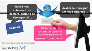 Hoje é meu                                         Acabei de conseguir
          aniversário de                                       um novo emprego ...
        namoro, gostaria de
          algo especial ...
                                              Cupom

                                             Oi Fernanda...
                                          aqui está um cupom de
                                          exclusividade por este
                                          momento especial.
Bem-vindo ao conceito de sincronicidade
 