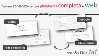 Tudo isso, contando com uma   plataforma completa e   web
                                                Operação
    Gestão




                                                Interatividade
  Rede de parceiros
 