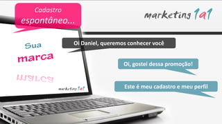 Cadastro
espontâneo...

              Oi Daniel, queremos conhecer você


                                Oi, gostei dessa promoção!


                                Este é meu cadastro e meu perfil
 
