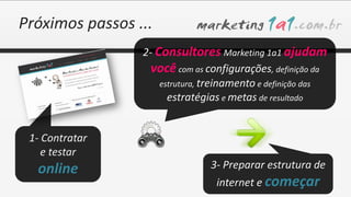 Próximos passos ...
                 2- Consultores Marketing 1a1 ajudam
                  você com as configurações, definição da
                     estrutura, treinamento e definição das
                       estratégias e metas de resultado


 1- Contratar
    e testar
  online                        3- Preparar estrutura de
                                 internet e começar
 