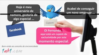Hoje é meu                                         Acabei de conseguir
          aniversário de                                       um novo emprego ...
        namoro, gostaria de
          algo especial ...
                                              Cupom

                                             Oi Fernanda...
                                          aqui está um cupom de
                                          exclusividade por este
                                          momento especial.
Bem-vindo ao conceito de sincronicidade
 