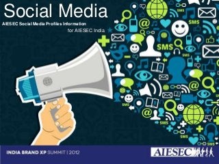 Social Media
AIESEC Social Media Profiles Information
                                for AIESEC India




  AIESEC Social Media Profiles Information
 