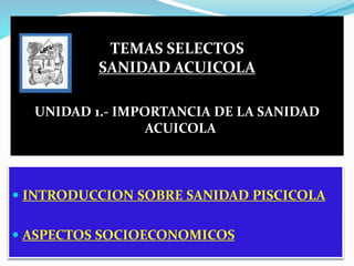 TEMAS SELECTOS
SANIDAD ACUICOLA
UNIDAD 1.- IMPORTANCIA DE LA SANIDAD
ACUICOLA
 INTRODUCCION SOBRE SANIDAD PISCICOLA
 ASPECTOS SOCIOECONOMICOS
 
