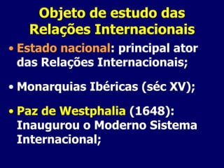 Objeto de estudo das Relações Internacionais Estado nacional : principal ator das Relações Internacionais; Monarquias Ibéricas (séc XV); Paz de Westphalia  (1648): Inaugurou o Moderno Sistema Internacional; 