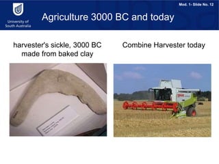 Mod. 1- Slide No. 12
Combine Harvester today
harvester's sickle, 3000 BC
made from baked clay
Agriculture 3000 BC and today
 