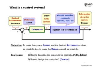What is a control system?

                                                                           Information
                                    INPUT        aircraft, missiles,
                                                                            about the
  Desired                           to the           economic
Performance    Difference                        systems, cars, etc         system:
                 ERROR              system
 REFERENCE                                                                  OUTPUT


                       Controller            System to be controlled
       +
               –




 Objective: To make the system OUTPUT and the desired REFERENCE as close
              as possible, i.e., to make the ERROR as small as possible.

 Key Issues:       1) How to describe the system to be controlled? (Modeling)

                   2) How to design the controller? (Control)
                                                                                   11
                                                                             Copyrighted by Ben M. Chen
 