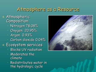 Atmosphere as a ResourceAtmosphere as a Resource
o AtmosphericAtmospheric
CompositionComposition
• Nitrogen 78.08%Nitrogen 78.08%
• Oxygen 20.95%Oxygen 20.95%
• Argon 0.93%Argon 0.93%
• Carbon dioxide 0.04%Carbon dioxide 0.04%
o Ecosystem servicesEcosystem services
• Blocks UV radiationBlocks UV radiation
• Moderates theModerates the
climateclimate
• Redistributes water inRedistributes water in
the hydrologic cyclethe hydrologic cycle
 