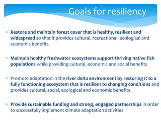 Goals for resiliency 
 Restore and maintain forest cover that is healthy, resilient and 
widespread so that it provides cultural, recreational, ecological and 
economic benefits 
 Maintain healthy freshwater ecosystems support thriving native fish 
populations while providing cultural, economic and social benefits 
 Promote adaptation in the river delta environment by restoring it to a 
fully functioning ecosystem that is resilient to changing conditions and 
provides cultural, social, ecological and economic benefits 
 Provide sustainable funding and strong, engaged partnerships in order 
to successfully implement climate adaptation activities 
 
