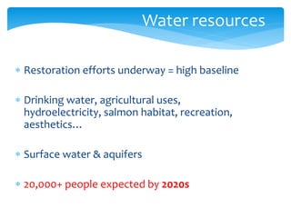 Water resources 
 Restoration efforts underway = high baseline 
 Drinking water, agricultural uses, 
hydroelectricity, salmon habitat, recreation, 
aesthetics… 
 Surface water & aquifers 
 20,000+ people expected by 2020s 
 