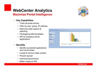 WebCenter Analytics
Maximize Portal Intelligence
• Key Capabilities
   • Track all portal activity
   • Filter by user, group, IP address
   • Real time data capture &
     reporting
   • Packaged portlet templates
   • API for analytics-driven
     applications


• Benefits
   • Identify successful applications
     and communities
   • Locate & remove stale content
   • Prevent sprawl
   • Improved governance
   • Better measure ROI
 