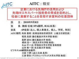 Copyright © 2017 Advanced IT Consortium to Evaluate, Apply and Drive All Rights Reserved. 5
AITC：概要
設 立： 2010年9月8日
会 長： 鶴保...