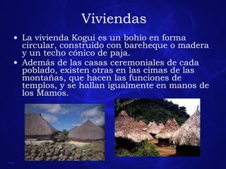 Viviendas La vivienda Kogui es un bohío en forma circular, construido con bareheque o madera y un techo cónico de paja.  Además de las casas ceremoniales de cada poblado, existen otras en las cimas de las montañas, que hacen las funciones de templos, y se hallan igualmente en manos de los Mamos.   