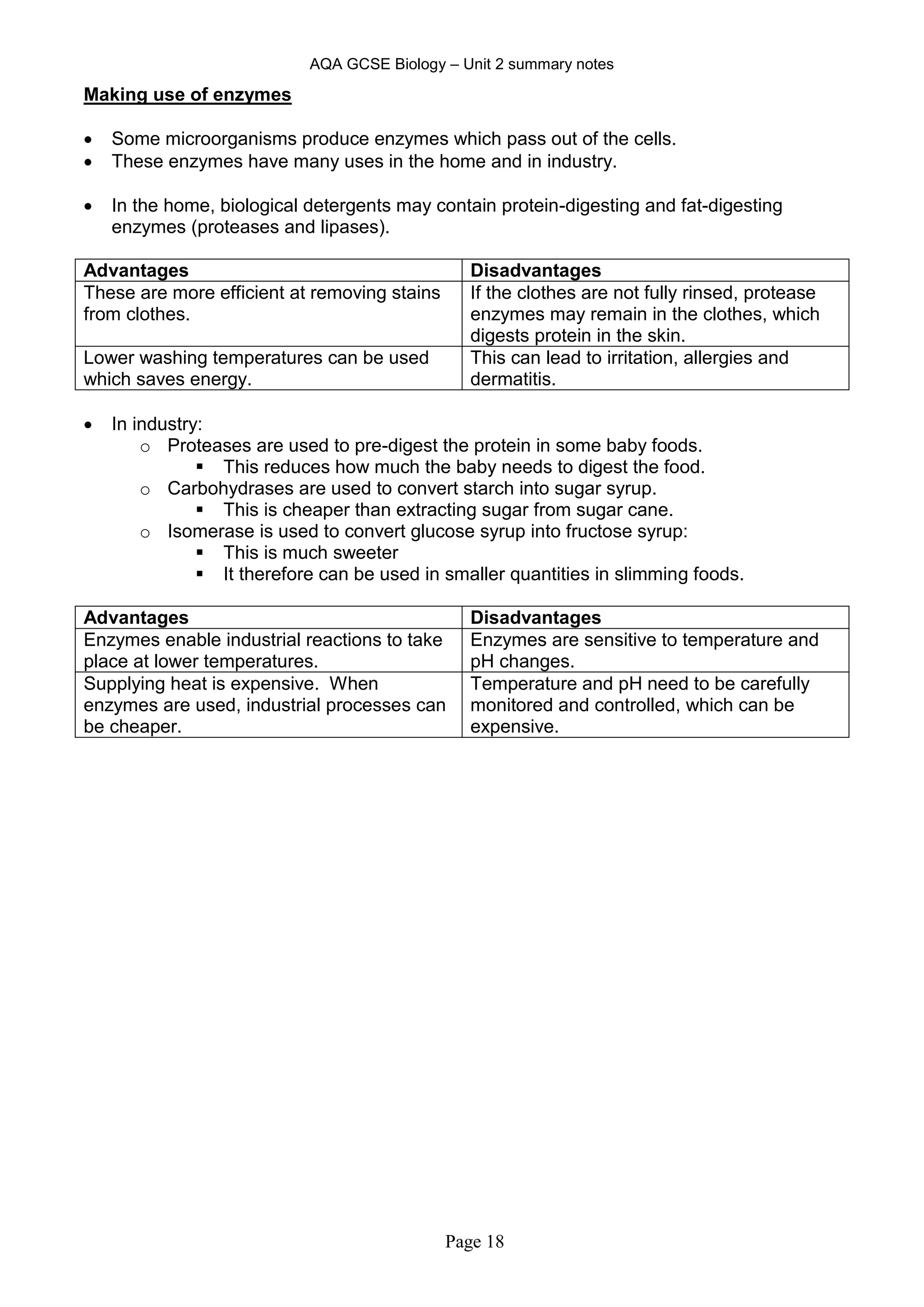 AQA GCSE Biology – Unit 2 summary notes
Page 18
Making use of enzymes
 Some microorganisms produce enzymes which pass out of the cells.
 These enzymes have many uses in the home and in industry.
 In the home, biological detergents may contain protein-digesting and fat-digesting
enzymes (proteases and lipases).
Advantages Disadvantages
These are more efficient at removing stains
from clothes.
If the clothes are not fully rinsed, protease
enzymes may remain in the clothes, which
digests protein in the skin.
Lower washing temperatures can be used
which saves energy.
This can lead to irritation, allergies and
dermatitis.
 In industry:
o Proteases are used to pre-digest the protein in some baby foods.
 This reduces how much the baby needs to digest the food.
o Carbohydrases are used to convert starch into sugar syrup.
 This is cheaper than extracting sugar from sugar cane.
o Isomerase is used to convert glucose syrup into fructose syrup:
 This is much sweeter
 It therefore can be used in smaller quantities in slimming foods.
Advantages Disadvantages
Enzymes enable industrial reactions to take
place at lower temperatures.
Enzymes are sensitive to temperature and
pH changes.
Supplying heat is expensive. When
enzymes are used, industrial processes can
be cheaper.
Temperature and pH need to be carefully
monitored and controlled, which can be
expensive.
 