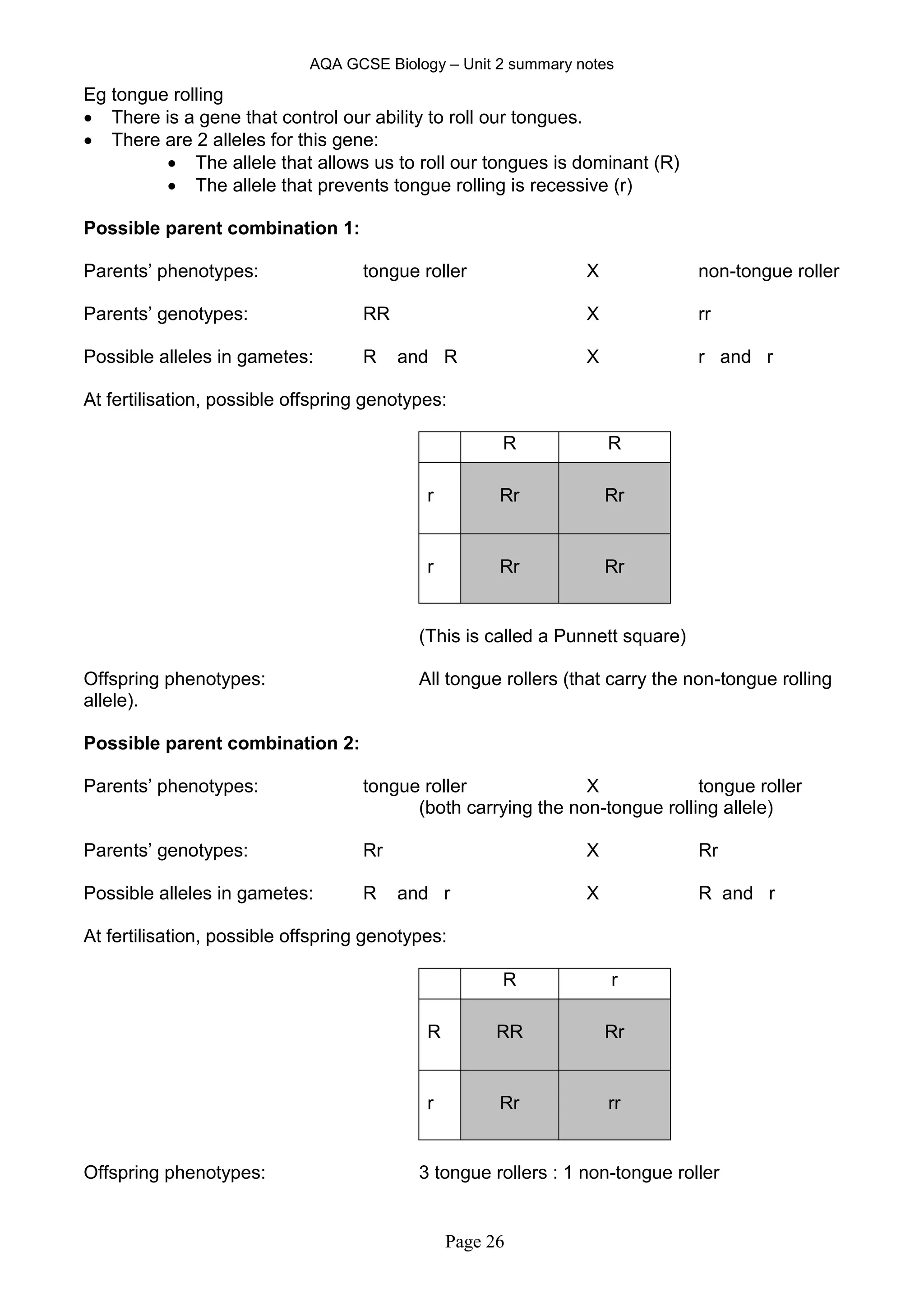 AQA GCSE Biology – Unit 2 summary notes
Page 26
Eg tongue rolling
 There is a gene that control our ability to roll our tongues.
 There are 2 alleles for this gene:
 The allele that allows us to roll our tongues is dominant (R)
 The allele that prevents tongue rolling is recessive (r)
Possible parent combination 1:
Parents’ phenotypes: tongue roller X non-tongue roller
Parents’ genotypes: RR X rr
Possible alleles in gametes: R and R X r and r
At fertilisation, possible offspring genotypes:
R R
r Rr Rr
r Rr Rr
(This is called a Punnett square)
Offspring phenotypes: All tongue rollers (that carry the non-tongue rolling
allele).
Possible parent combination 2:
Parents’ phenotypes: tongue roller X tongue roller
(both carrying the non-tongue rolling allele)
Parents’ genotypes: Rr X Rr
Possible alleles in gametes: R and r X R and r
At fertilisation, possible offspring genotypes:
R r
R RR Rr
r Rr rr
Offspring phenotypes: 3 tongue rollers : 1 non-tongue roller
 