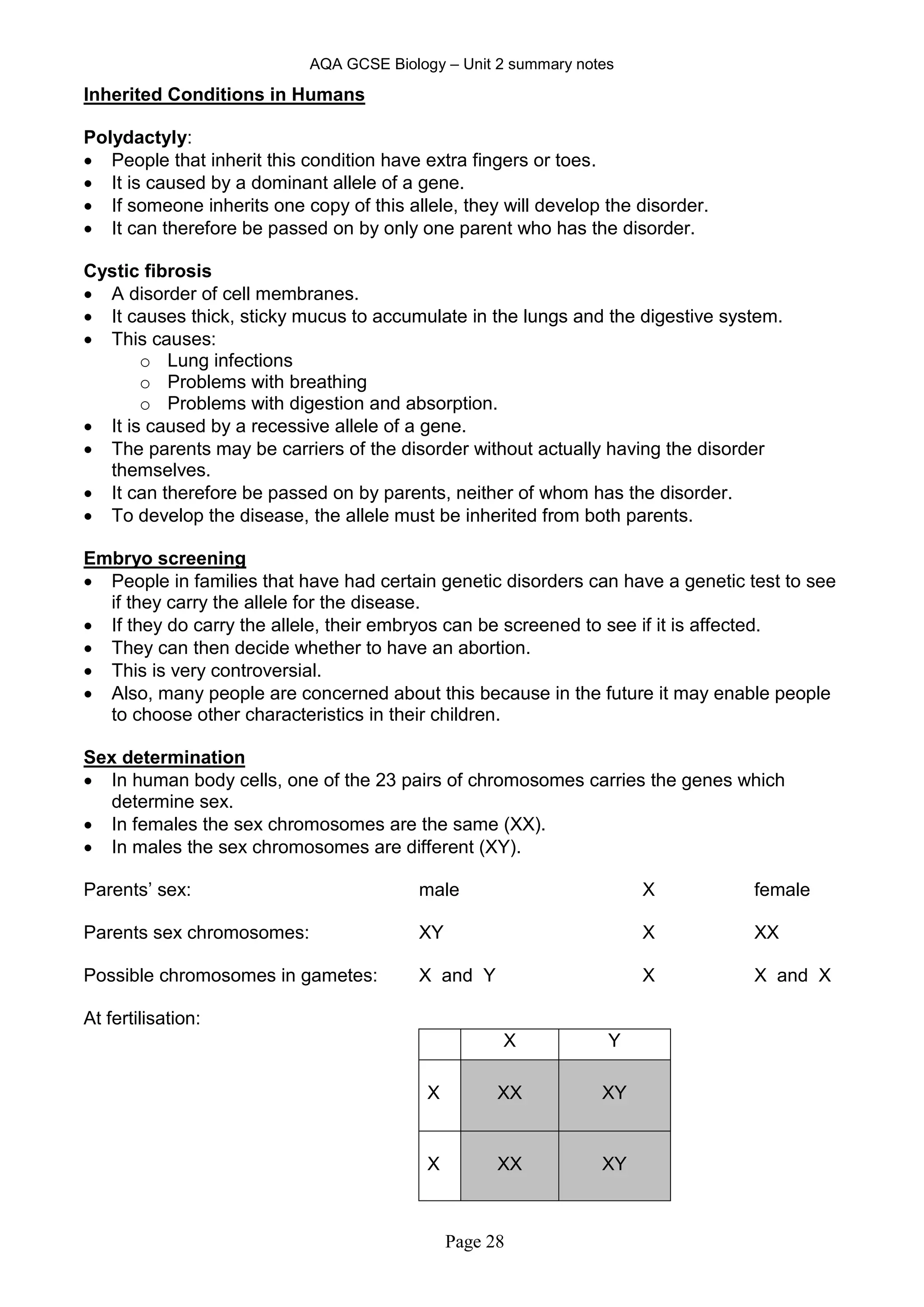AQA GCSE Biology – Unit 2 summary notes
Page 28
Inherited Conditions in Humans
Polydactyly:
 People that inherit this condition have extra fingers or toes.
 It is caused by a dominant allele of a gene.
 If someone inherits one copy of this allele, they will develop the disorder.
 It can therefore be passed on by only one parent who has the disorder.
Cystic fibrosis
 A disorder of cell membranes.
 It causes thick, sticky mucus to accumulate in the lungs and the digestive system.
 This causes:
o Lung infections
o Problems with breathing
o Problems with digestion and absorption.
 It is caused by a recessive allele of a gene.
 The parents may be carriers of the disorder without actually having the disorder
themselves.
 It can therefore be passed on by parents, neither of whom has the disorder.
 To develop the disease, the allele must be inherited from both parents.
Embryo screening
 People in families that have had certain genetic disorders can have a genetic test to see
if they carry the allele for the disease.
 If they do carry the allele, their embryos can be screened to see if it is affected.
 They can then decide whether to have an abortion.
 This is very controversial.
 Also, many people are concerned about this because in the future it may enable people
to choose other characteristics in their children.
Sex determination
 In human body cells, one of the 23 pairs of chromosomes carries the genes which
determine sex.
 In females the sex chromosomes are the same (XX).
 In males the sex chromosomes are different (XY).
Parents’ sex: male X female
Parents sex chromosomes: XY X XX
Possible chromosomes in gametes: X and Y X X and X
At fertilisation:
X Y
X XX XY
X XX XY
 