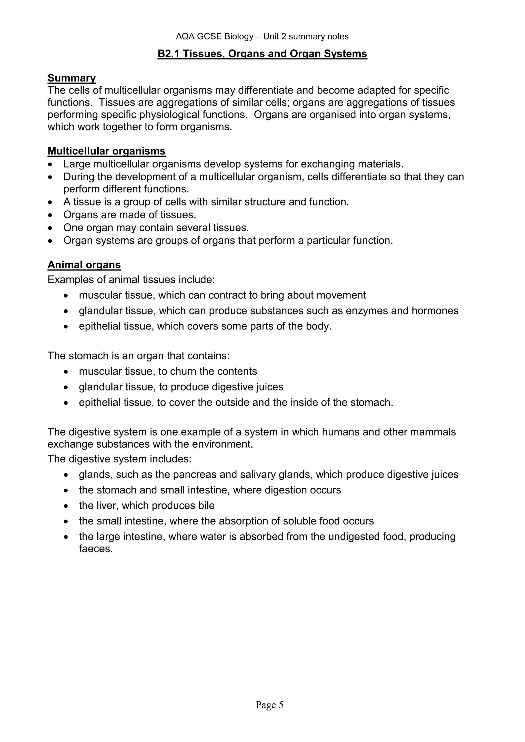 AQA GCSE Biology – Unit 2 summary notes
Page 5
B2.1 Tissues, Organs and Organ Systems
Summary
The cells of multicellular organisms may differentiate and become adapted for specific
functions. Tissues are aggregations of similar cells; organs are aggregations of tissues
performing specific physiological functions. Organs are organised into organ systems,
which work together to form organisms.
Multicellular organisms
 Large multicellular organisms develop systems for exchanging materials.
 During the development of a multicellular organism, cells differentiate so that they can
perform different functions.
 A tissue is a group of cells with similar structure and function.
 Organs are made of tissues.
 One organ may contain several tissues.
 Organ systems are groups of organs that perform a particular function.
Animal organs
Examples of animal tissues include:
 muscular tissue, which can contract to bring about movement
 glandular tissue, which can produce substances such as enzymes and hormones
 epithelial tissue, which covers some parts of the body.
The stomach is an organ that contains:
 muscular tissue, to churn the contents
 glandular tissue, to produce digestive juices
 epithelial tissue, to cover the outside and the inside of the stomach.
The digestive system is one example of a system in which humans and other mammals
exchange substances with the environment.
The digestive system includes:
 glands, such as the pancreas and salivary glands, which produce digestive juices
 the stomach and small intestine, where digestion occurs
 the liver, which produces bile
 the small intestine, where the absorption of soluble food occurs
 the large intestine, where water is absorbed from the undigested food, producing
faeces.
 