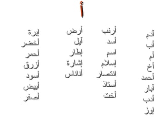 ‫أ‬
‫آدم‬
‫أب‬
‫أم‬
‫أخ‬
‫أحمد‬
‫آبار‬
‫أدب‬
‫إوز‬

‫أرنب‬
‫أسد‬
‫اسم‬
‫إسلم‬
‫انتصار‬
‫أستاذ‬
‫أخت‬

‫أرض‬
‫آيل‬
‫إطار‬
‫إشارة‬
‫أناناس‬

‫إبرة‬
‫أخضر‬
‫أحمر‬
‫أزرق‬
‫أسود‬
‫أبيض‬
‫أصفر‬

 