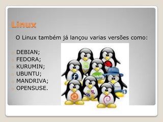 Linux
O Linux também já lançou varias versões como:
DEBIAN;
o FEDORA;
o KURUMIN;
o UBUNTU;
o MANDRIVA;
o OPENSUSE.
o

 