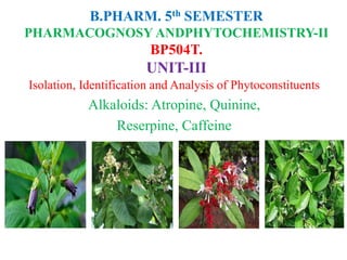 B.PHARM. 5th SEMESTER
PHARMACOGNOSY ANDPHYTOCHEMISTRY-II
BP504T.
UNIT-III
Isolation, Identification and Analysis of Phytoconstituents
Alkaloids: Atropine, Quinine,
Reserpine, Caffeine
 