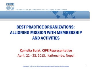 BEST PRACTICE ORGANIZATIONS:
ALLIGNING MISSION WITH MEMBERSHIP
AND ACTIVITIES
Camelia Bulat, CIPE Representative
April, 22 - 23, 2013, Kathmandu, Nepal
Copyright © 2013 by the Center for International Private Enterprise. All rights reserved 1
 
