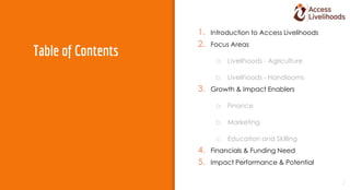 Table of Contents
1. Introduction to Access Livelihoods
2. Focus Areas
a. Livelihoods - Agriculture
b. Livelihoods - Handl...