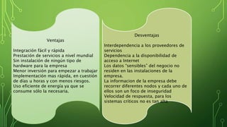 Ventajas
Integración fácil y rápida
Prestación de servicios a nivel mundial
Sin instalación de ningún tipo de
hardware para la empresa
Menor inversión para empezar a trabajar
Implementación mas rápida, en cuestión
de días u horas y con menos riesgos.
Uso eficiente de energía ya que se
consume sólo la necesaria.
Desventajas
Interdependencia a los proveedores de
servicios
Dependencia a la disponibilidad de
acceso a Internet
Los datos “sensibles” del negocio no
residen en las instalaciones de la
empresa.
La informacion de la empresa debe
recorrer diferentes nodos y cada uno de
ellos son un foco de inseguridad
Velocidad de respuesta, para los
sistemas críticos no es tan alta
 