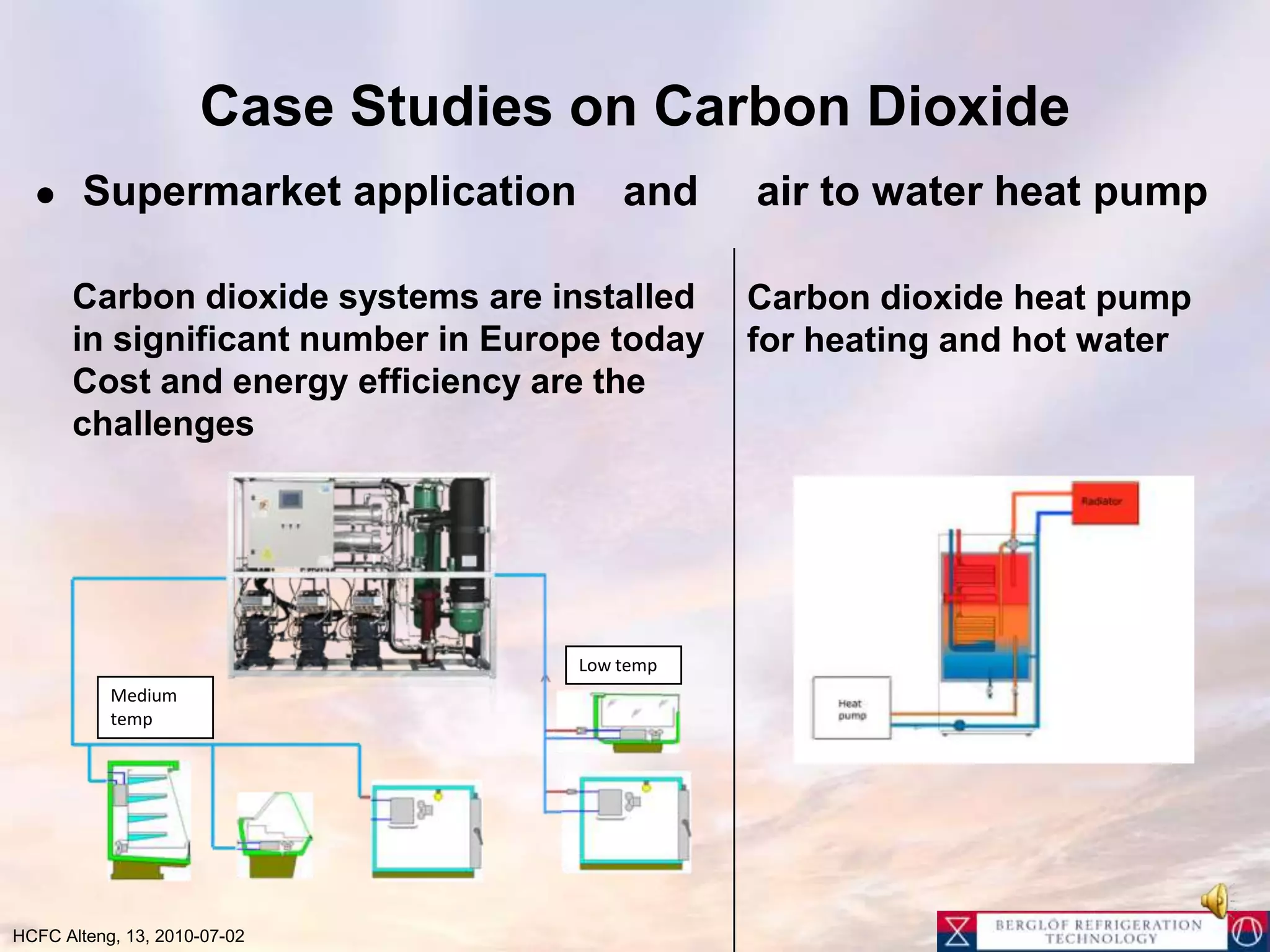 Low tempMedium tempCase Studies on Carbon DioxideSupermarket application    and     air to water heat pumpCarbon dioxide systems are installed in significant number in Europe todayCost and energy efficiency are the challengesCarbon dioxide heat pump for heating and hot water