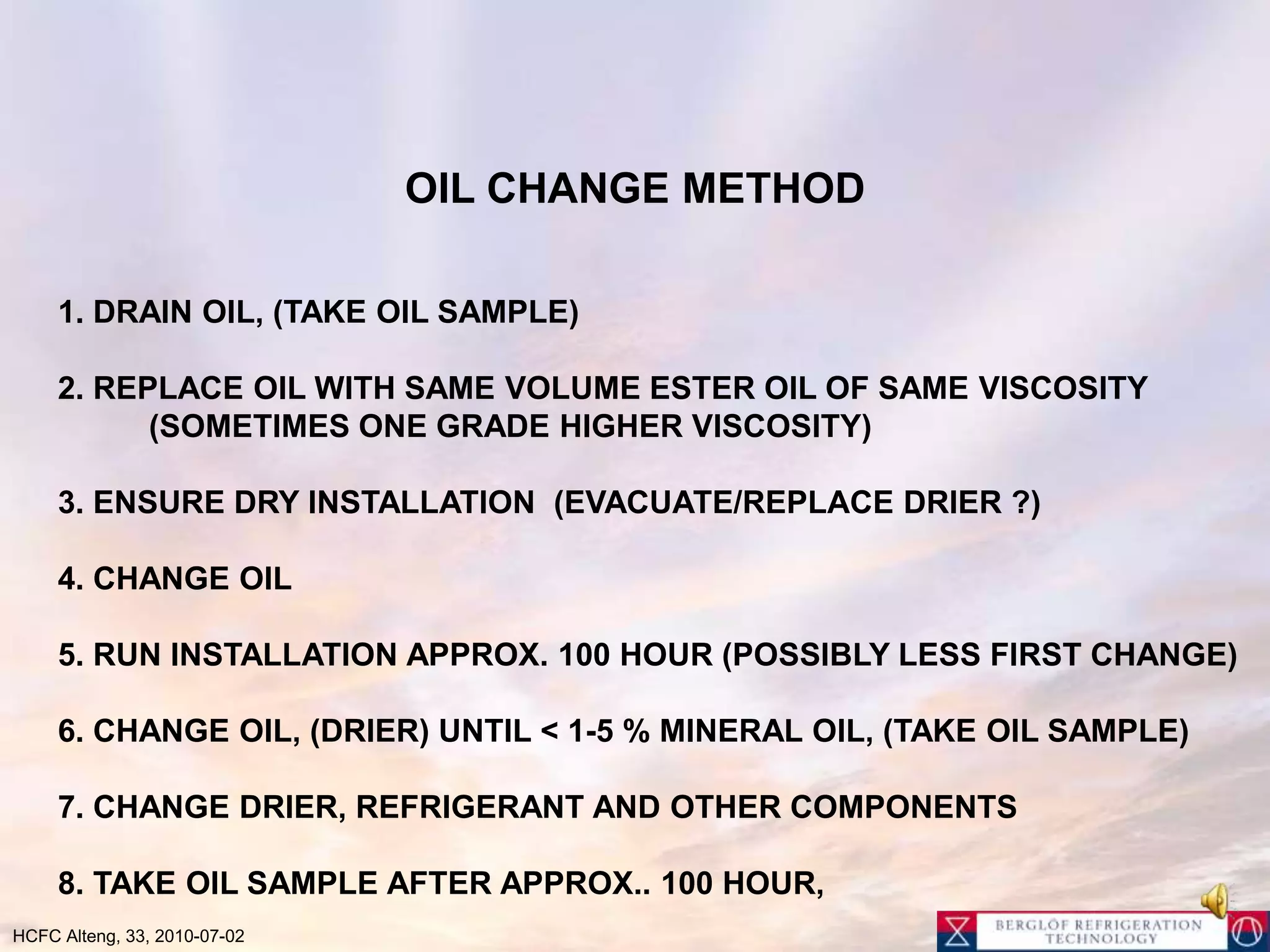 Refrigeration Oils(Miscible and designed for)CFC/HCFC			Mineral oil (MO)		(i.e. Suniso 3-5 GS)Alkyl bensen (ABO)	(i.e Zerol 150-300)HFC (stationary)	Polyol Esteroil (POE)	(i.e. ICI Emkarate, Mobile 				EAL, Castrol Icematic)HFC Automotive	Poly Alkylene Glykol	PAG (Automotive brands)