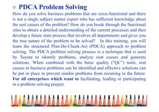 v PDCA Problem Solving
How do you solve business problems that are cross-functional and there
is not a single subject matter expert who has sufficient knowledge about
the real causes of the problem? How do you break through the functional
silos to obtain a detailed understanding of the current processes and then
develop a future state process that involves all departments and gives you
the true nature of the problem to be solved? In this training, you will
learn the structured Plan-Do-Check-Act (PDCA) approach to problem
solving. The PDCA problem solving process is a technique that is used
by Toyota to identify problems, analyze root causes and generate
solutions. When combined with the basic quality ("QC") tools, real
causes to business problems can be identified and effective solutions can
be put in place to prevent similar problems from recurring in the future.
For all enterprises which want to facilitating, leading or participating
in a problem solving project.
 