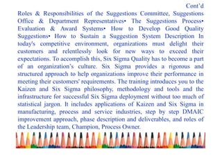 Cont’d
Roles & Responsibilities of the Suggestions Committee, Suggestions
Office & Department Representatives• The Suggestions Process•
Evaluation & Award Systems• How to Develop Good Quality
Suggestions• How to Sustain a Suggestion System Description In
today's competitive environment, organizations must delight their
customers and relentlessly look for new ways to exceed their
expectations. To accomplish this, Six Sigma Quality has to become a part
of an organization’s culture. Six Sigma provides a rigorous and
structured approach to help organizations improve their performance in
meeting their customers' requirements. The training introduces you to the
Kaizen and Six Sigma philosophy, methodology and tools and the
infrastructure for successful Six Sigma deployment without too much of
statistical jargon. It includes applications of Kaizen and Six Sigma in
manufacturing, process and service industries, step by step DMAIC
improvement approach, phase description and deliverables, and roles of
the Leadership team, Champion, Process Owner.
 