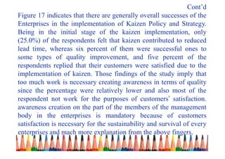 Cont’d
Figure 17 indicates that there are generally overall successes of the
Enterprises in the implementation of Kaizen Policy and Strategy.
Being in the initial stage of the kaizen implementation, only
(25.0%) of the respondents felt that kaizen contributed to reduced
lead time, whereas six percent of them were successful ones to
some types of quality improvement, and five percent of the
respondents replied that their customers were satisfied due to the
implementation of kaizen. Those findings of the study imply that
too much work is necessary creating awareness in terms of quality
since the percentage were relatively lower and also most of the
respondent not work for the purposes of customers’ satisfaction.
awareness creation on the part of the members of the management
body in the enterprises is mandatory because of customers
satisfaction is necessary for the sustainability and survival of every
enterprises and mach more explanation from the above fingers.
 