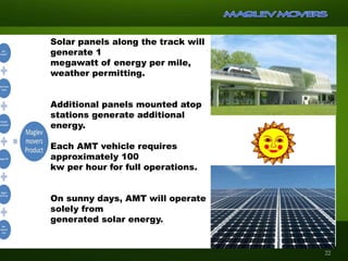 Solar panels along the track will
generate 1
megawatt of energy per mile,
weather permitting.
Additional panels mounted atop
stations generate additional
energy.
Each AMT vehicle requires
approximately 100
kw per hour for full operations.
On sunny days, AMT will operate
solely from
generated solar energy.
22
 