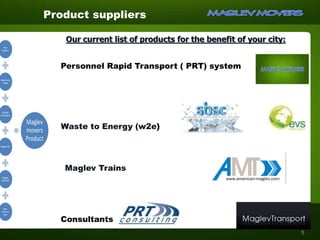 Our current list of products for the benefit of your city:
Personnel Rapid Transport ( PRT) system
Waste to Energy (w2e))
Maglev Trains
Product suppliers
Consultants
5
 
