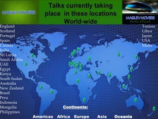 England Tunisia
Scotland Libya
Portugal Japan
Spain USA
Canada Malta
India
Sri Lanka
Saudi Arabia
UAE
Egypt
Kenya
South Sudan
Australia
New Zealand
Brasil
Peru
Indonesia
Mongolia Continents:
Philippines
Americas Africa Europe Asia Oceania 69
 