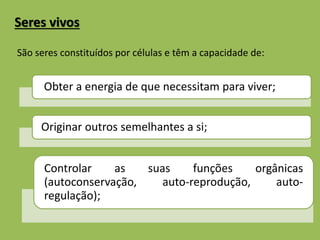 Seres vivos 
São seres constituídos por células e têm a capacidade de: 
Obter a energia de que necessitam para viver; 
Originar outros semelhantes a si; 
Controlar as suas funções orgânicas 
(autoconservação, auto-reprodução, auto-regulação); 
 