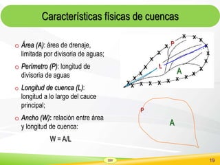SSV 19
Características físicas de cuencas
o Área (A): área de drenaje,
limitada por divisoria de aguas;
o Perímetro (P): longitud de
divisoria de aguas
o Longitud de cuenca (L):
longitud a lo largo del cauce
principal;
o Ancho (W): relación entre área
y longitud de cuenca:
W = A/L
A
P
A
P
L
 
