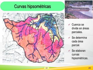 SSV 20
Curvas hipsométricas
 Cuenca se
divide en áreas
parciales.
 Se determina
cada área
parcial.
 Se elaboran
curvas
hipsométricas.
 