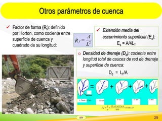 SSV 29
Otros parámetros de cuenca
 Factor de forma (Rf): definido
por Horton, como cociente entre
superficie de cuenca y
cuadrado de su longitud:
2
L
A
=Rf
 Extensión media del
escurrimiento superficial (Es):
Es = A/4LT
o Densidad de drenaje (Dd): cociente entre
longitud total de cauces de red de drenaje
y superficie de cuenca:
Dd = LT/A
 