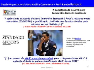 10
A Complexidade do Ambiente
Competitividade e Instabilidade
“A agência de avaliação de risco financeiro Standard & Poor's rebaixou nesta
sexta-feira (05/08/2011) a qualificação da dívida dos Estados Unidos pela
primeira vez na história, [...]”
( iG São Paulo - 05/08/2011 21:46 - Atualizada às 23:34)
“[...] ao passar de ‘AAA’, a máxima possível, para o degrau abaixo ‘AA+’. A
agência atribuia ao país a classificação ‘AAA’ desde 1941”
( iG São Paulo - 05/08/2011 21:46 - Atualizada às 23:34)
“Foto: AFP Ampliar
Corretor da Bolsa de Nova York
lamenta durante mais uma
semana difícil para os
mercados”
Profº Ramón Jr.
Gestão Organizacional: Uma Análise Conjuntural – Profº Ramón Barros Jr.
 