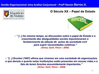 13
O Século XX – Papel do Estado
 “ [...] Ao mesmo tempo, as discussões sobre o papel do Estado e o
crescimento das desigualdades sociais impulsionaram o
fortalecimento da adoção de ações da sociedade civil
para suprir necessidades coletivas.”
(Alves; Sarti; Paiva – 2004)
 “[...] Drucker (1997) afirma que vivemos em uma sociedade de organizações,
o que denota o quanto estas instituições estão presentes em nossas vidas e o
fato de terem funções assumidamente importantes.”
(Alves; Sarti; Paiva – 2004)
Gestão Organizacional: Uma Análise Conjuntural – Profº Ramón Barros Jr.
 
