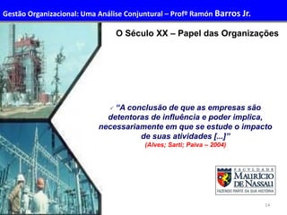 14
O Século XX – Papel das Organizações
 “A conclusão de que as empresas são
detentoras de influência e poder implica,
necessariamente em que se estude o impacto
de suas atividades [...]”
(Alves; Sarti; Paiva – 2004)
Gestão Organizacional: Uma Análise Conjuntural – Profº Ramón Barros Jr.
 