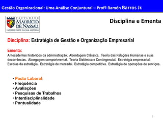 2
Disciplina e Ementa
• Pacto Laboral:
• Frequência
• Avaliações
• Pesquisas de Trabalhos
• Interdisciplinalidade
• Pontualidade
Disciplina: Estratégia de Gestão e Organização Empresarial
Ementa:
Antecedentes históricos da administração. Abordagem Clássica. Teoria das Relações Humanas e suas
decorrências. Aborgagem comportmental. Teoria Sistêmica e Contingencial. Estratégia empresarial.
Escolas da estratégia. Estratégia de mercado. Estratégia competitiva. Estratégia de operações de serviços.
Gestão Organizacional: Uma Análise Conjuntural – Profº Ramón Barros Jr.
 
