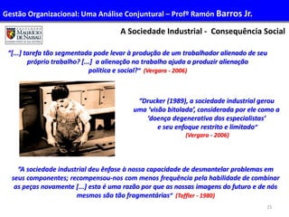 23
A Sociedade Industrial - Consequência Social
“[...] tarefa tão segmentada pode levar à produção de um trabalhador alienado de seu
próprio trabalho? [...] a alienação no trabalho ajuda a produzir alienação
política e social?” (Vergara - 2006)
“A sociedade industrial deu ênfase à nossa capacidade de desmantelar problemas em
seus componentes; recompensou-nos com menos frequência pela habilidade de combinar
as peças novamente [...] esta é uma razão por que as nossas imagens do futuro e de nós
mesmos são tão fragmentárias” (Toffler - 1980)
“Drucker (1989), a sociedade industrial gerou
uma ‘visão bitolada’, considerada por ele como a
‘doença degenerativa dos especialistas’
e seu enfoque restrito e limitado”
(Vergara - 2006)
Gestão Organizacional: Uma Análise Conjuntural – Profº Ramón Barros Jr.
 