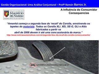 28
Administração de Recursos Humanos I
“Amanhã começa a segunda fase do ‘recall’ do Corolla, envolvendo os
tapetes do motorista. Todos os Corolla XLi, XEi, SE-G, GLi e Altis
fabricados a partir de
abril de 2008 devem ir até uma concessionária da marca.”
http://www.noticiasautomotivas.com.br/segunda-fase-do-recall-do-corolla-comeca-amanha/
A Influência do Consumidor
Consequencias
Gestão Organizacional: Uma Análise Conjuntural – Profº Ramón Barros Jr.
 