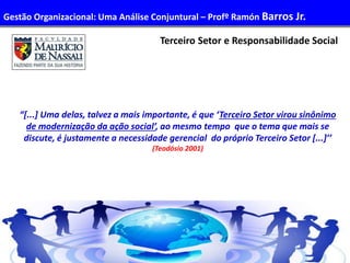 47
Administração de Recursos Humanos I
Terceiro Setor e Responsabilidade Social
“[...] Uma delas, talvez a mais importante, é que ‘Terceiro Setor virou sinônimo
de modernização da ação social’, ao mesmo tempo que o tema que mais se
discute, é justamente a necessidade gerencial do próprio Terceiro Setor [...]’’
(Teodósio 2001)
Gestão Organizacional: Uma Análise Conjuntural – Profº Ramón Barros Jr.
 