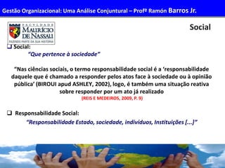 51
Social
 Social:
“Que pertence à sociedade”
“Nas ciências sociais, o termo responsabilidade social é a ‘responsabilidade
daquele que é chamado a responder pelos atos face à sociedade ou à opinião
pública’ (BIROUI apud ASHLEY, 2002), logo, é também uma situação reativa
sobre responder por um ato já realizado
(REIS E MEDEIROS, 2009, P. 9)
 Responsabilidade Social:
“Responsabilidade Estado, sociedade, indivíduos, Instituições [...]”
Gestão Organizacional: Uma Análise Conjuntural – Profº Ramón Barros Jr.
 